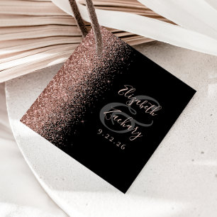 Modern Black Rose Gold Glitter Wedding Favour Tags