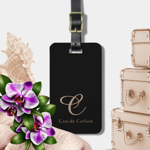 Modern Black & Rose Gold Initial Monogram Luggage Tag