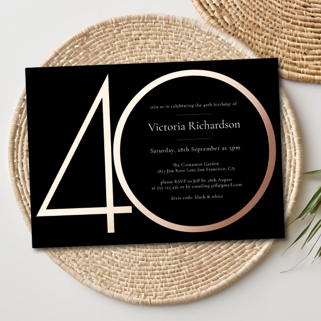 Modern Black Rose Gold Minimalist 40th Birthday (Modern Black Rose Gold Minimalist 40th Birthday Foil Invitation)