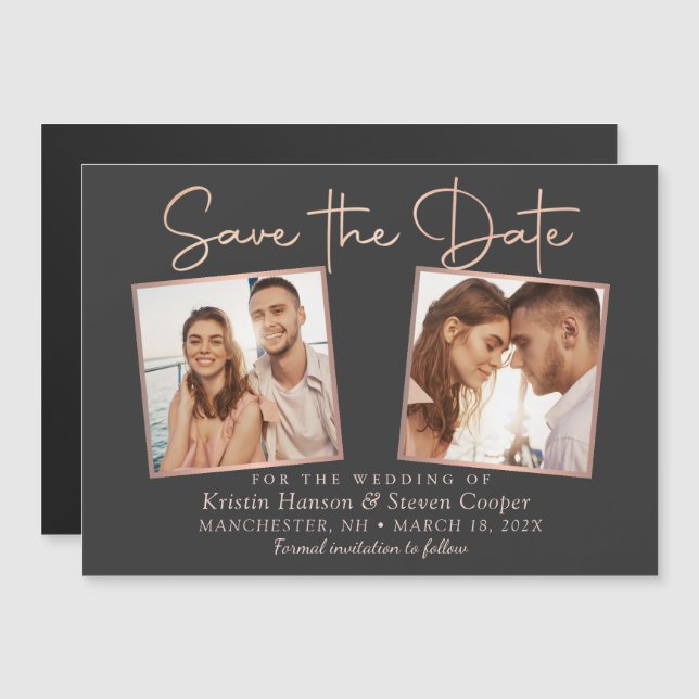 Modern Black Rose Gold Photo Save the Date Magnet (Front/Back)