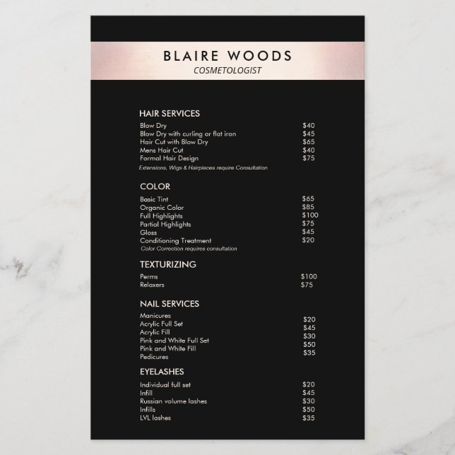  Modern Black  Rose Gold Price List Menu (Front)