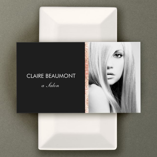Modern Black Rose Gold Sequin Salon Photo Card (Creator Uploaded)