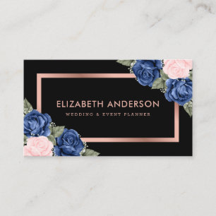 Modern Black Rose Gold Watercolor Blue Pink Floral Business Card