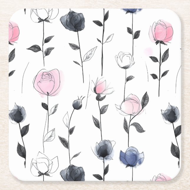Modern black roses pattern square paper coaster (Front)