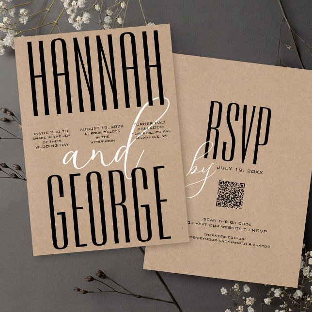 Modern Black Rustic Kraft Bold QR Code Wedding Invitation (Unique black & kraft rustic QR code RSVP wedding invitation with script and large bold typography )