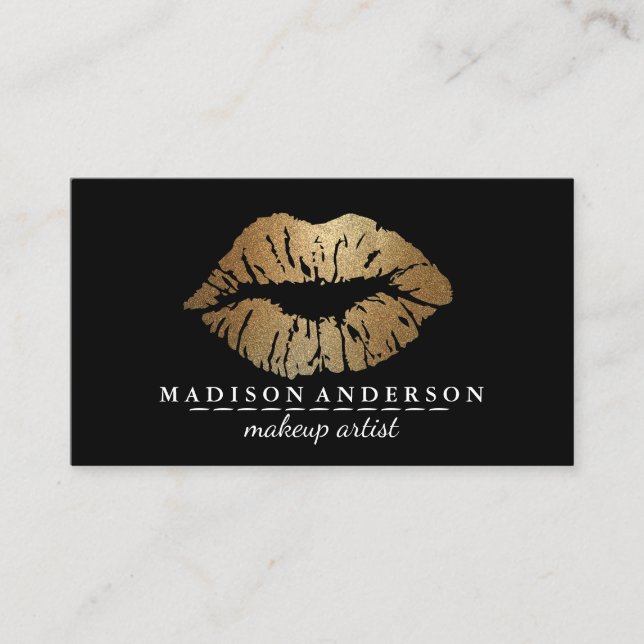Modern Black Salon Gold Lips Makeup Artis Business Card (Front)
