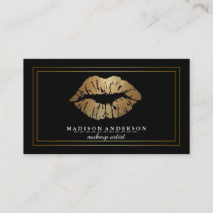 Modern Black Salon Gold Lips Makeup Artis Business Card