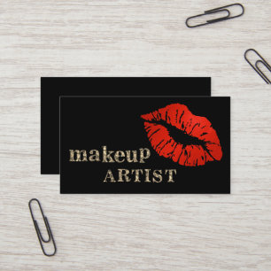 Modern Black Salon Gold Lips Makeup Artis Business Card