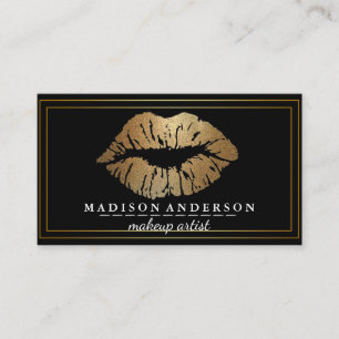 Modern Black Salon Gold Lips Makeup Artis Business Card