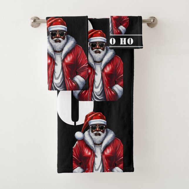 Modern Black Santa African American Christmas  Bath Towel Set (Insitu)