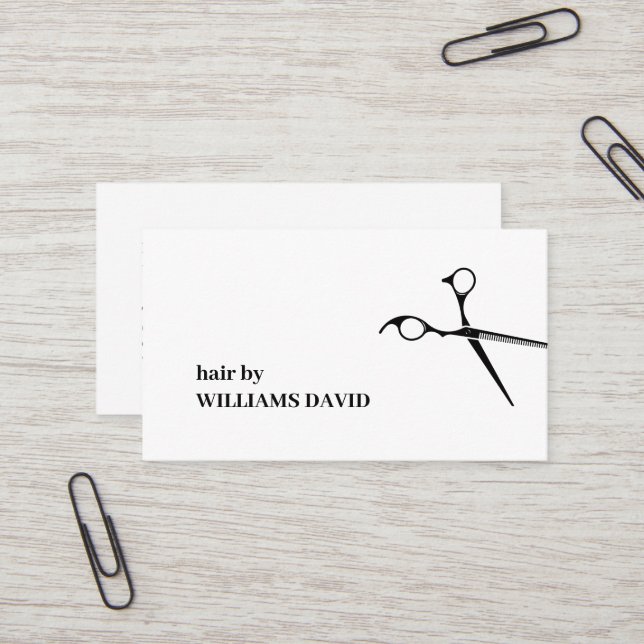 Modern Black Scissors Hair Stylist Business Card (Front/Back In Situ)