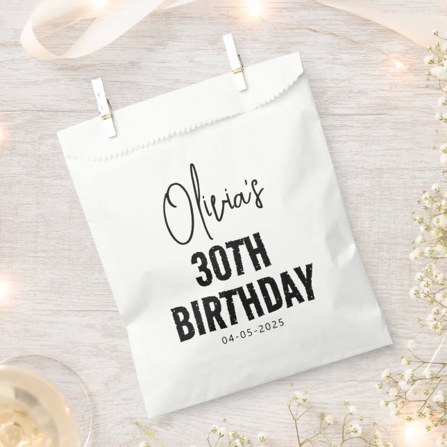 Modern Black Script 30th Birthday Chic & Minimalis Favour Bags (Clipped)