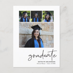 Modern Black Script 4 Photo Collage Graduation Announcement Postcard