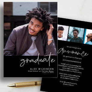Modern Black Script 4 Photo Simple Graduation Announcement
