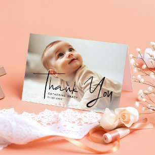 Modern Black Script Baby Birthday Photo Folded Thank You Card