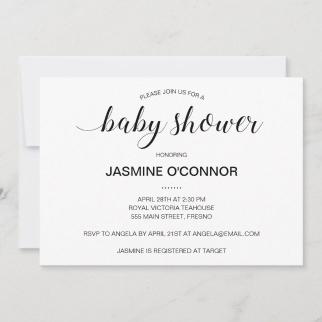 Modern Black Script Baby Shower Invitation (Front)