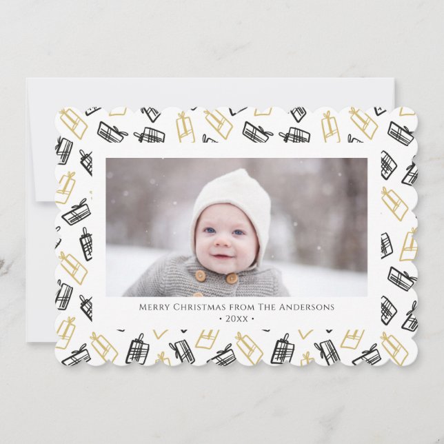 Modern Black Script Cute Gold Black Gifts Pattern  Holiday Card (Front)