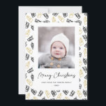 Modern Black Script Cute Gold Black Gifts Pattern  Holiday Card<br><div class="desc">Send customisable and personalised holiday greetings to friends, colleagues and family in simple, minimalist, elegant, fun, festive and modern photo cards! A beautiful frame of variety of gold and black Christmas gifts and presents wrapped with ribbons surrounds your photo. The greeting " Merry Christmas " is written in elegant calligraphy,...</div>