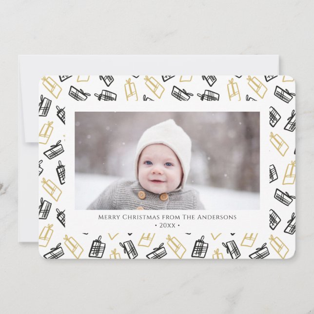 Modern Black Script Cute Gold Black Gifts Pattern  Holiday Card (Front)
