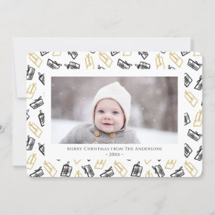 Modern Black Script Cute Gold Black Gifts Pattern  Holiday Card