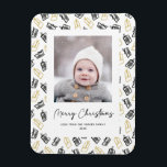 Modern Black Script Cute Gold Black Gifts Pattern  Magnet<br><div class="desc">Send customisable and personalised holiday greetings to friends, colleagues and family in simple, minimalist, elegant, fun, festive and modern photo magnet! A beautiful frame of variety of gold and black Christmas gifts and presents wrapped with ribbons surrounds your photo. The greeting " Merry Christmas " is written in elegant calligraphy,...</div>