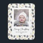 Modern Black Script Cute Gold Black Gifts Pattern  Magnet<br><div class="desc">Send customisable and personalised holiday greetings to friends, colleagues and family in simple, minimalist, elegant, fun, festive and modern photo magnet! A beautiful frame of variety of gold and black Christmas gifts and presents wrapped with ribbons surrounds your photo. The greeting " Merry Christmas " is written in elegant calligraphy,...</div>