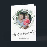 Modern Black Script Elegant Eucalyptus Foliage Holiday Card<br><div class="desc">Send holiday wishes and greetings to friends, colleagues and family in simple, cute, chic, elegant and modern photo design festive, natural nature colour style folded holiday cards! A beautiful wreath frame of assorted soft green painted watercolor leaves ( pine tree, eucalyptus, fern ) featuring pretty brown pine cones and ivory...</div>