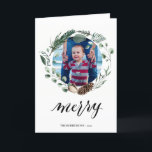 Modern Black Script Elegant Eucalyptus Foliage Holiday Card<br><div class="desc">Send holiday wishes and greetings to friends, colleagues and family in simple, cute, chic, elegant and modern photo design festive, natural nature colour style folded holiday cards! A beautiful wreath frame of assorted soft green painted watercolor leaves ( pine tree, eucalyptus, fern ) featuring pretty brown pine cones and ivory...</div>