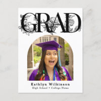 Modern Black Script Floral Graduation Announcement
