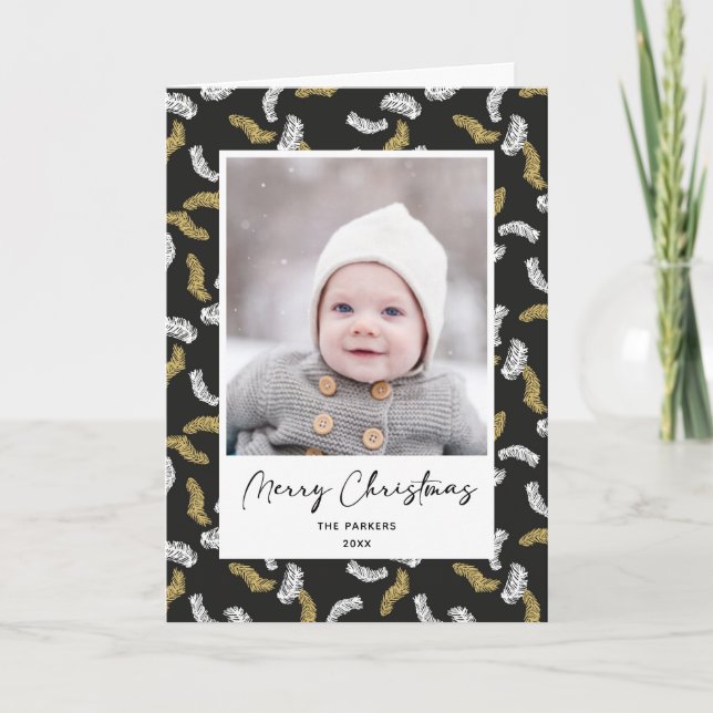 Modern Black Script Gold Pine Mistletoe Christmas Holiday Card (Front)