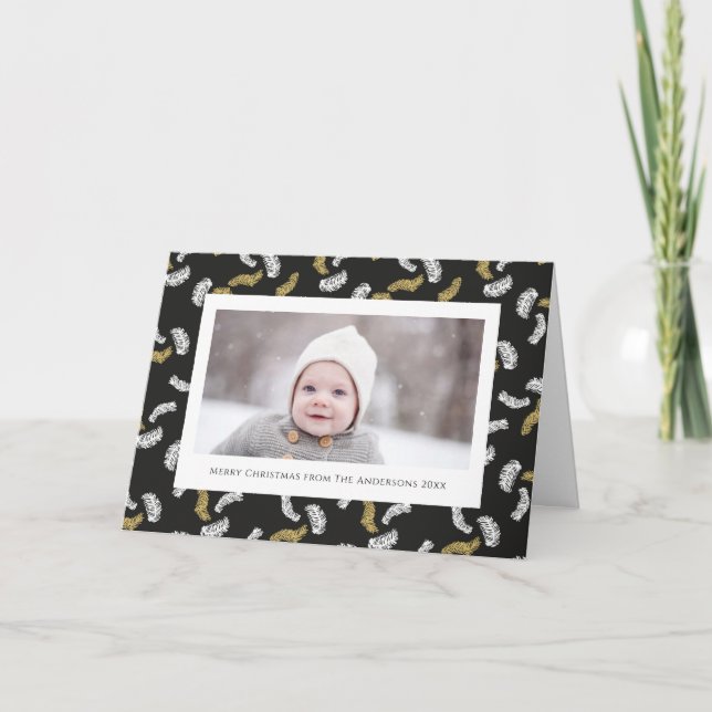 Modern Black Script Gold Pine Mistletoe Christmas Holiday Card (Front)