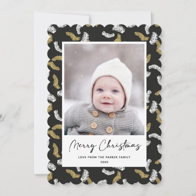 Modern Black Script Gold Pine Mistletoe Christmas Holiday Card (Front)