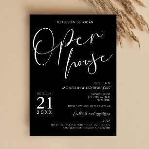Modern Black Script Logo Business Open House Invitation
