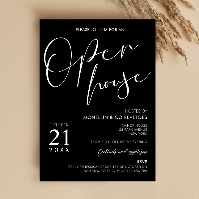 Modern Black Script Logo Business Open House Invitation (Elegant Open House Marketing Flyer in a modern black and white design)