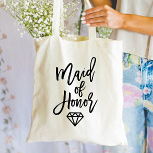 Modern Black Script Maid of Honour Diamond Tote Bag