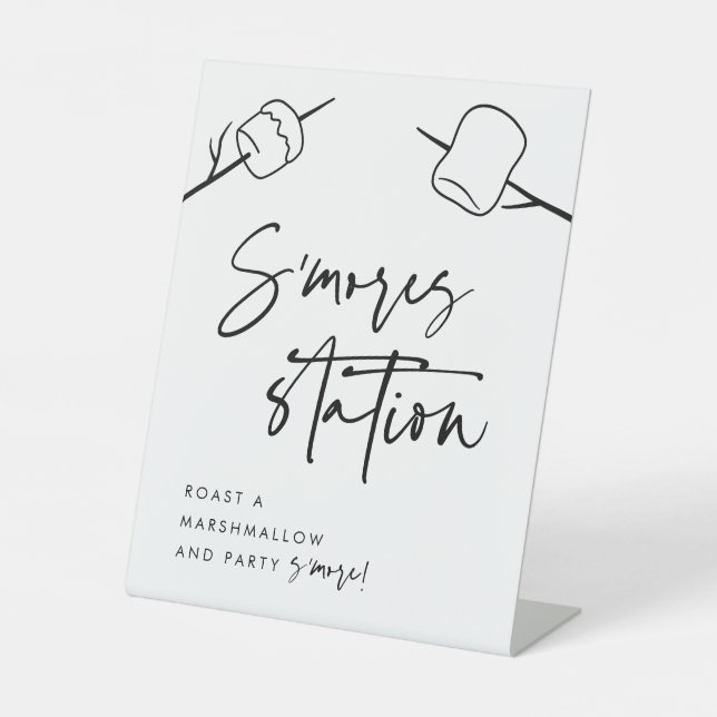 Modern Black Script Marshmallow S'mores Station Pedestal Sign (Front)