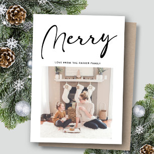 Modern Black Script MERRY Chic Minimalist Holiday Card