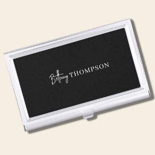 Modern Black & Script Monogram Professional Business Card Holder