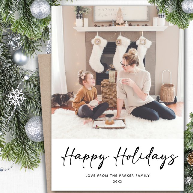 Modern Black Script on Beige Minimalist Photo Holiday Card (Creator Uploaded)
