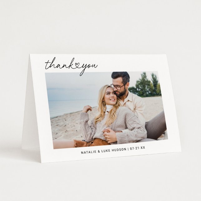 Modern Black Script Personalised Wedding Photo Thank You Card (Creator Uploaded)
