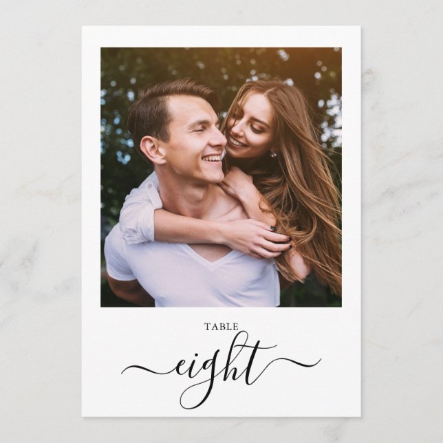 Modern Black Script Photo Eight Table Number (Front)