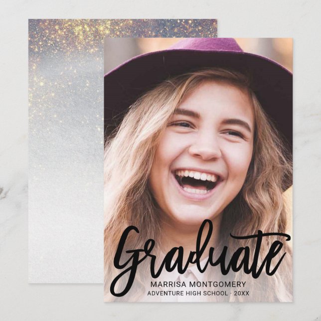 Modern Black Script Photo Graduation Announcement (Front/Back)