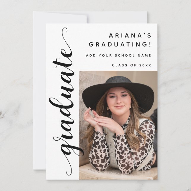 Modern Black Script Photo Graduation Party Announcement (Front)