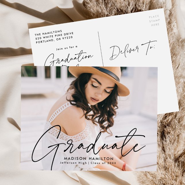 Modern Black Script Photo Graduation Party Invitation Postcard (Creator Uploaded)