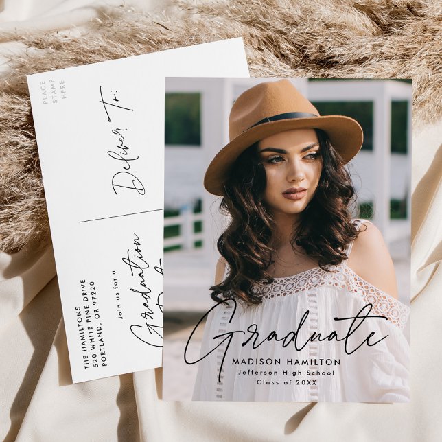 Modern Black Script Photo Graduation Party Invitation Postcard (Creator Uploaded)