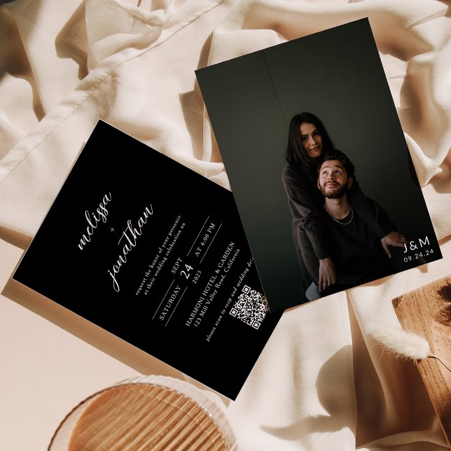 Modern Black Script Photo Monogram QR code Wedding Invitation (Creator Uploaded)