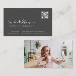 Modern Black Script Photo QR Code Minimal Trendy  Business Card