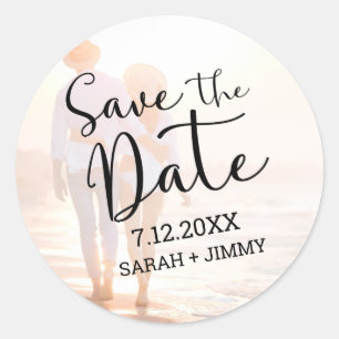 Modern Black Script Photo Wedding Save the Date Classic Round Sticker