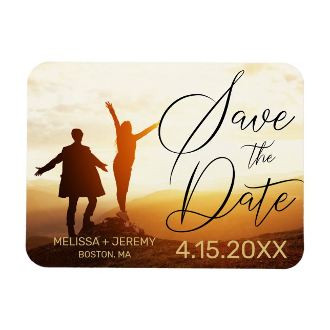 Modern Black Script Photo Wedding Save the Date Magnet (Horizontal)