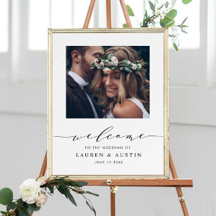 Modern Black Script Photo Wedding Welcome Sign